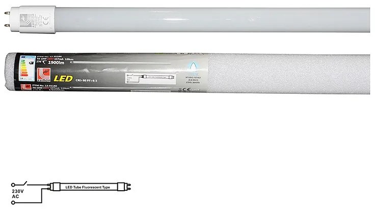 Adeleq Led Λάμπα Γυάλινη T8 120Cm 18W 230V Μονής Τροφοδοσίας Ψυχρό 13-01180