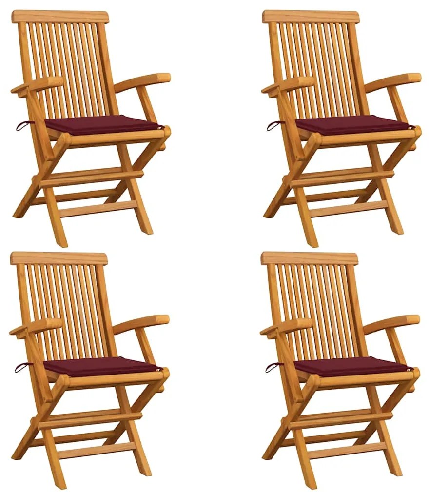 vidaXL Καρέκλες Κήπου 4 τεμ. από Μασίφ Ξύλο Teak με Μπορντό Μαξιλάρια