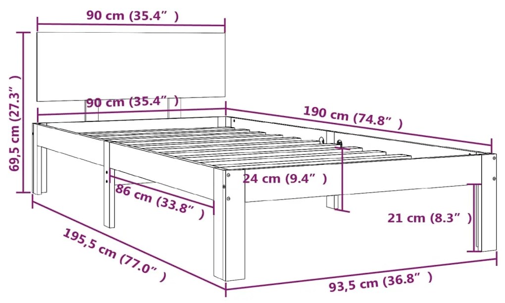 ΠΛΑΙΣΙΟ ΚΡΕΒΑΤΙΟΥ 90 X 190 ΕΚ. ΑΠΟ ΜΑΣΙΦ ΞΥΛΟ 3FT SINGLE 810460