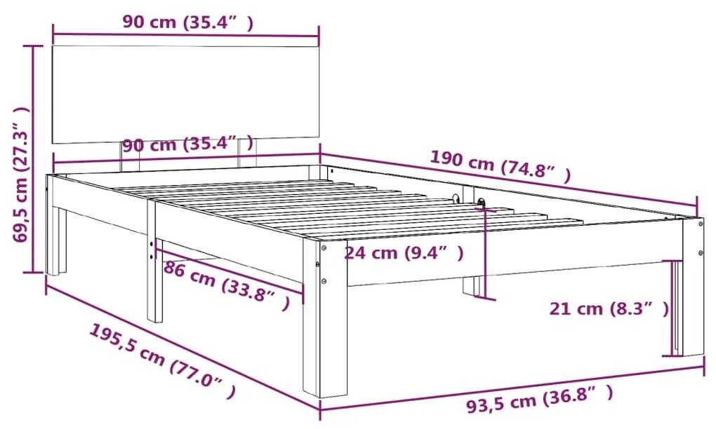 Πλαίσιο Κρεβατιού 90 x 190 εκ. από Μασίφ Ξύλο Single 810460