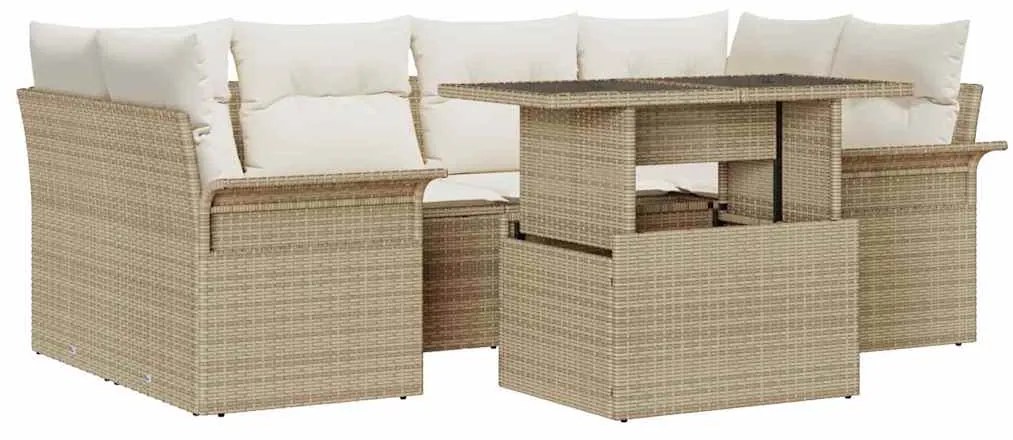 vidaXL Σετ Καναπέ Κήπου με μαξιλάρι 7 pcs Μπεζ Πολυ ράταν
