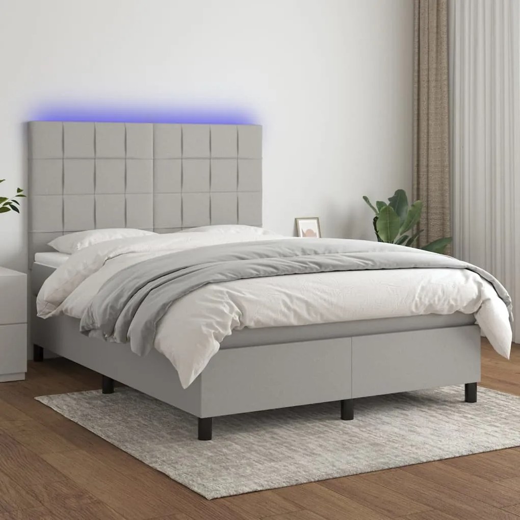 vidaXL Κρεβάτι Boxspring με Στρώμα & LED Αν.Γκρι 140x200εκ. Υφασμάτινο