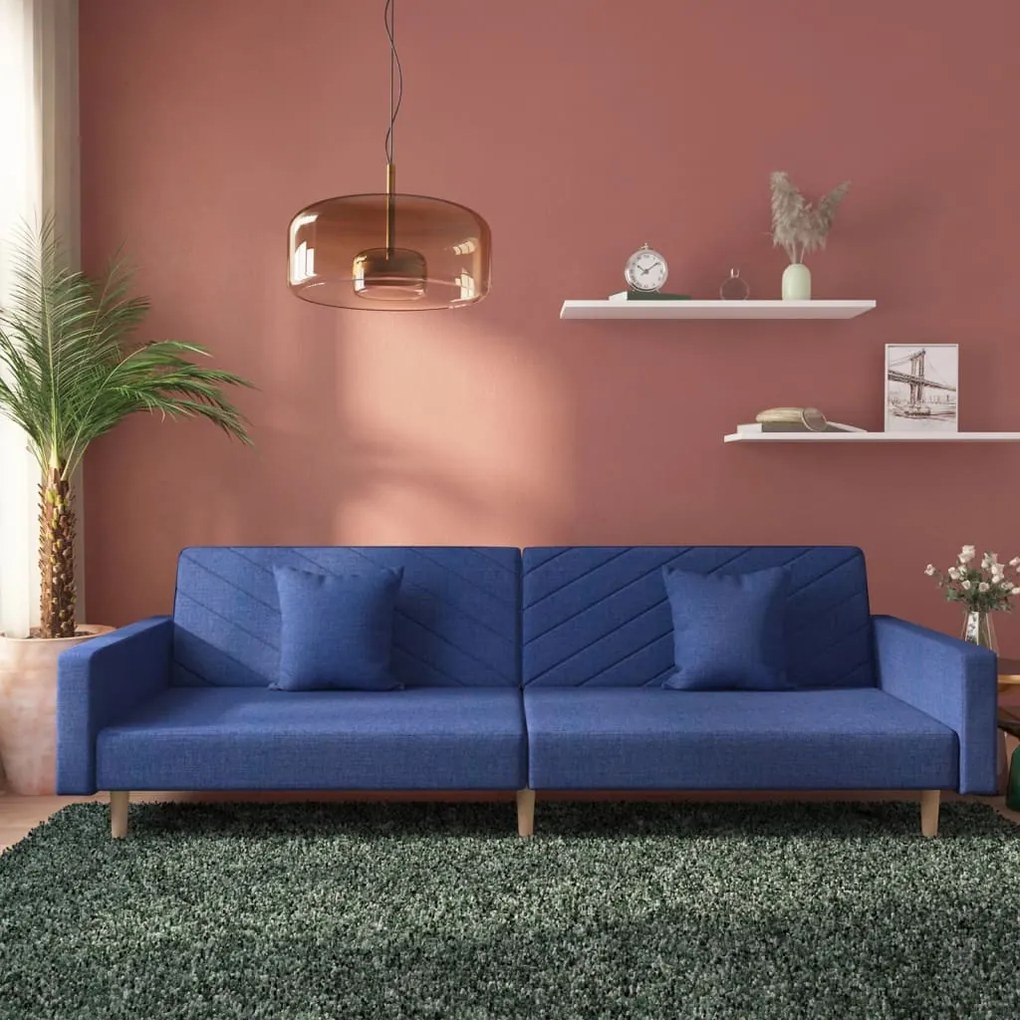 vidaXL Καναπές Κρεβάτι Διθέσιος Μπλε Υφασμάτινος με Δύο Μαξιλάρια
