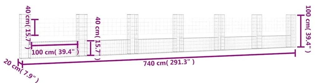 vidaXL Συρματοκιβώτιο σε U Σχήμα με 7 Στύλους 740x20x100 εκ Σιδερένιο