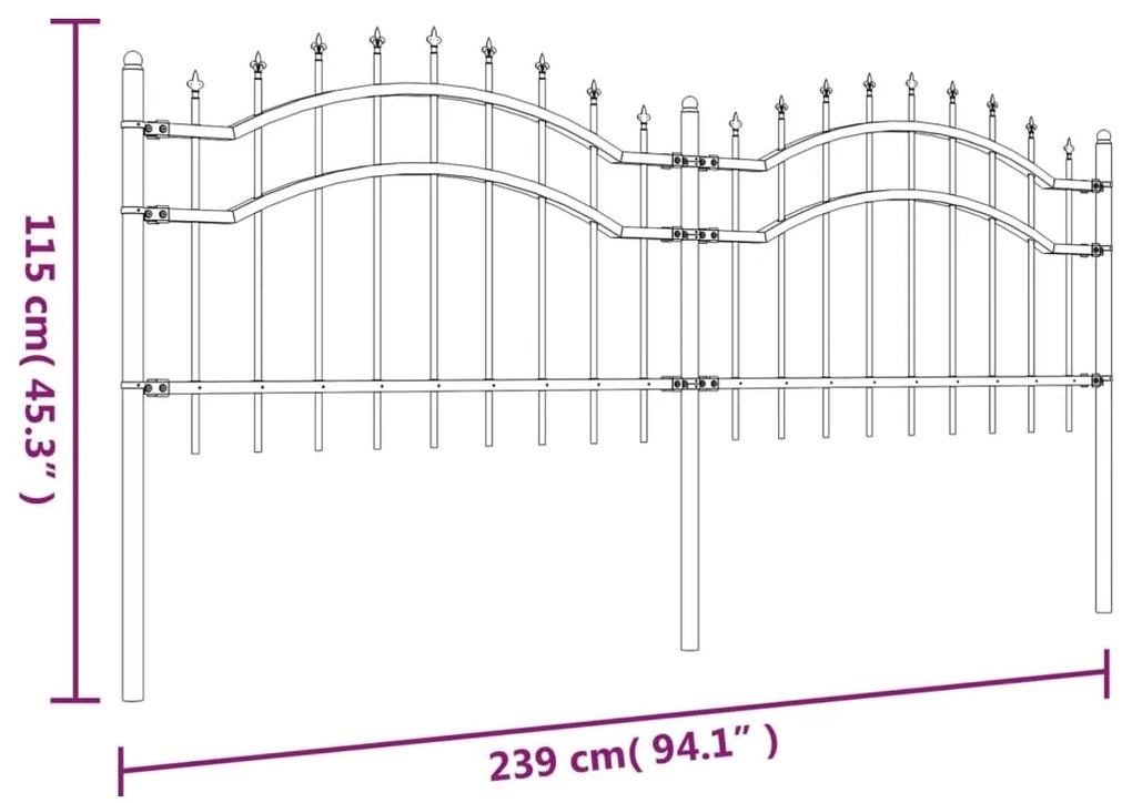 vidaXL Φράχτης με Ακίδες Μαύρος 115 εκ. Ατσάλι Ηλεκτροστ. Βαφή Πούδρας