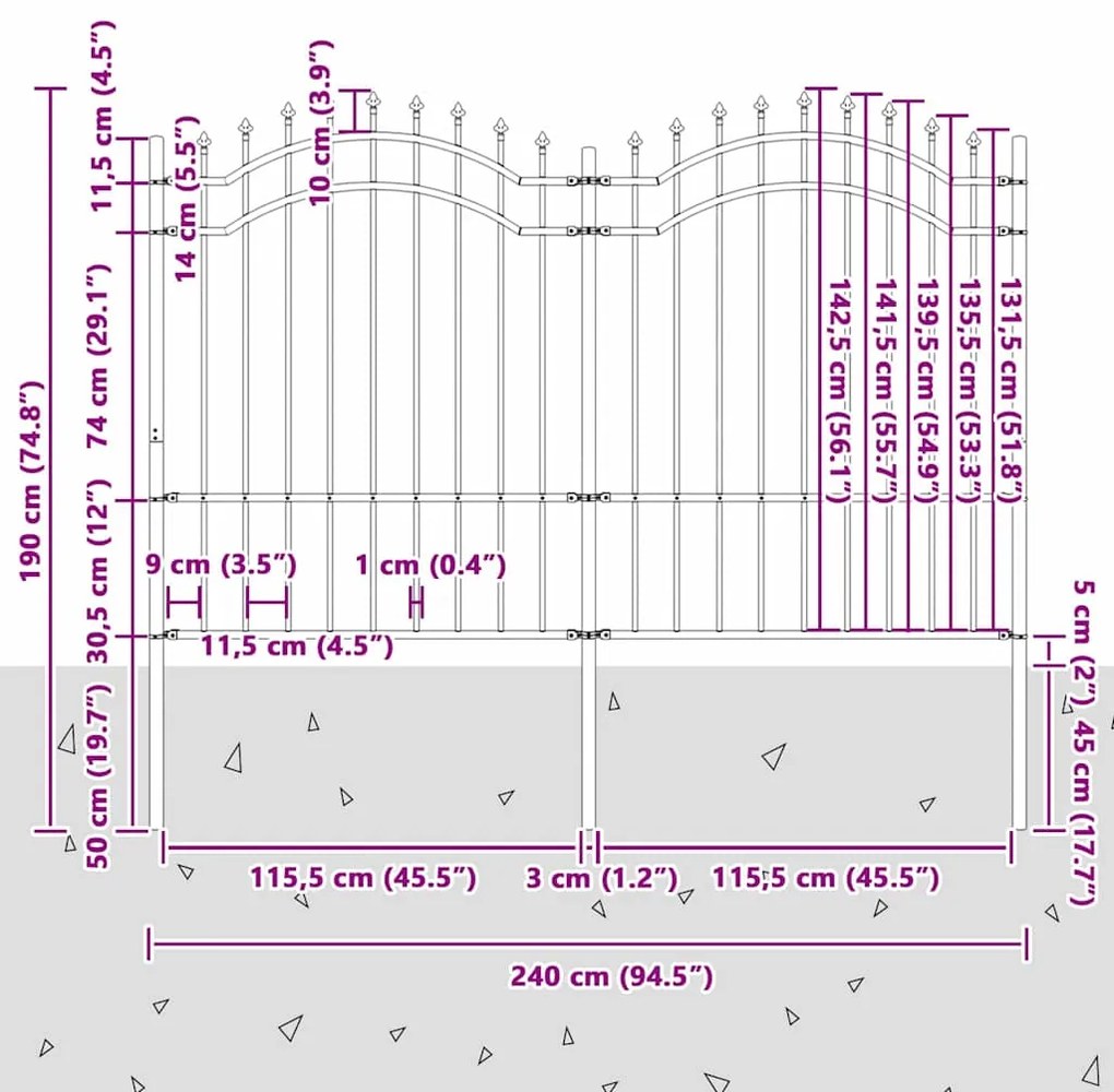 vidaXL Φράχτης Κήπου Γκρι 190 cm Ατσάλι με Επικάλυψη Πούδρας