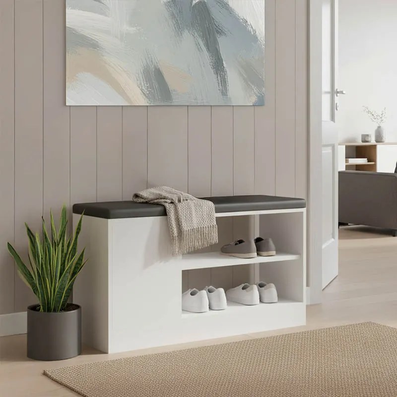 Παπουτσοθήκη-σκαμπό Deboule pakoworld 8 ζευγών σε λευκή-μαύρη απόχρωση 90x30x46εκ