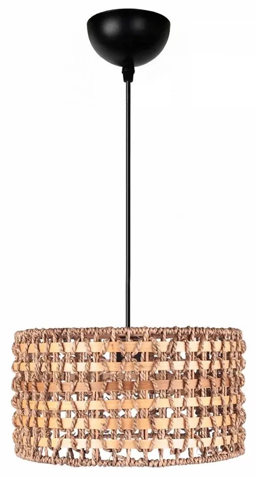 GloboStar® POMEGRANDE 204-0158 Boho Κρεμαστό Φωτιστικό Kαπέλο Μονόφωτο 1 x E27 IP20 Μπεζ Rattan με Καφέ Ξυλο - Μ30 x Π30 x Υ16cm