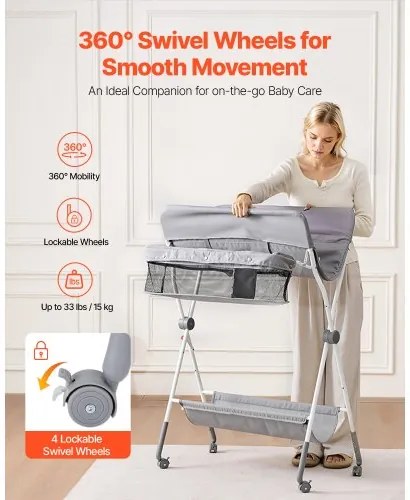 VEVOR Foldable Baby Changing Diaper Station with Side Basket &amp; Wheels Light Gray