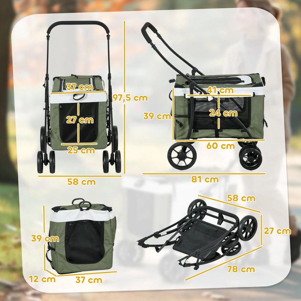 Καρότσι για σκύλους PawHut, καρότσι για κατοικίδια, πτυσσόμενο, αποσπώμενο καλάθι, 81 x 58 x 97,5 cm, Μαύρο+Σκούρο πράσινο+Λευκό