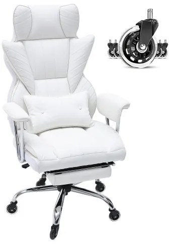 VEVOR Reclining Office Chair with Footrest, Heavy Duty PU Leather Wide Office Chair, Big and Tall Executive Office Chairs with Lumbar Support, Strong Metal Base Quiet Wheels, White
