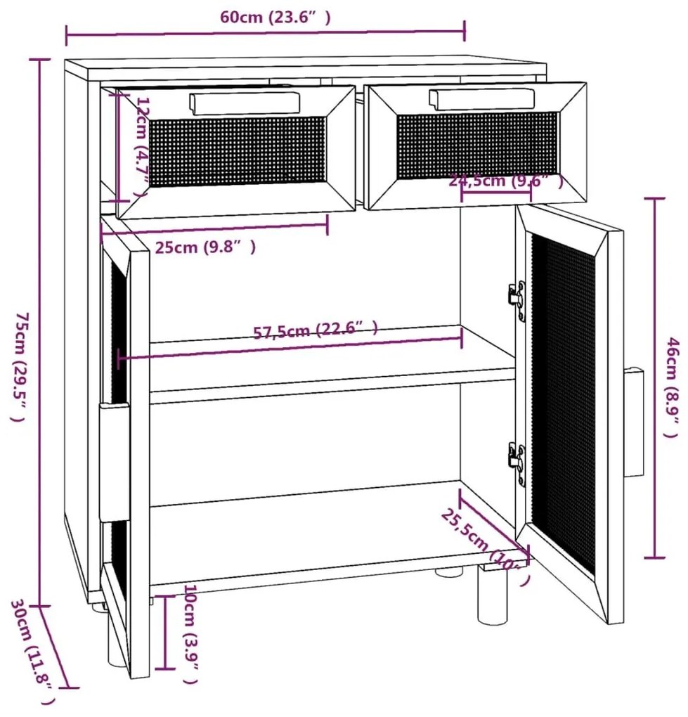 Ντουλάπι Λευκό 60 x 30 x 75 εκ. Μασίφ Πεύκο &amp; Φυσικό Ρατάν - Λευκό