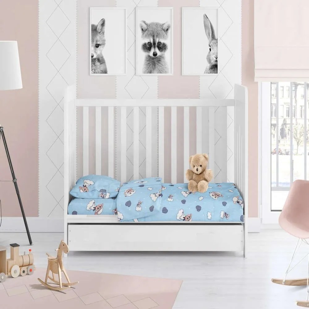 Σεντόνι Βρεφικό Με Λάστιχο Προβατάκι 06 Sky Blue DimCol Cradle 70x155cm 100% Βαμβακερή Φανέλα