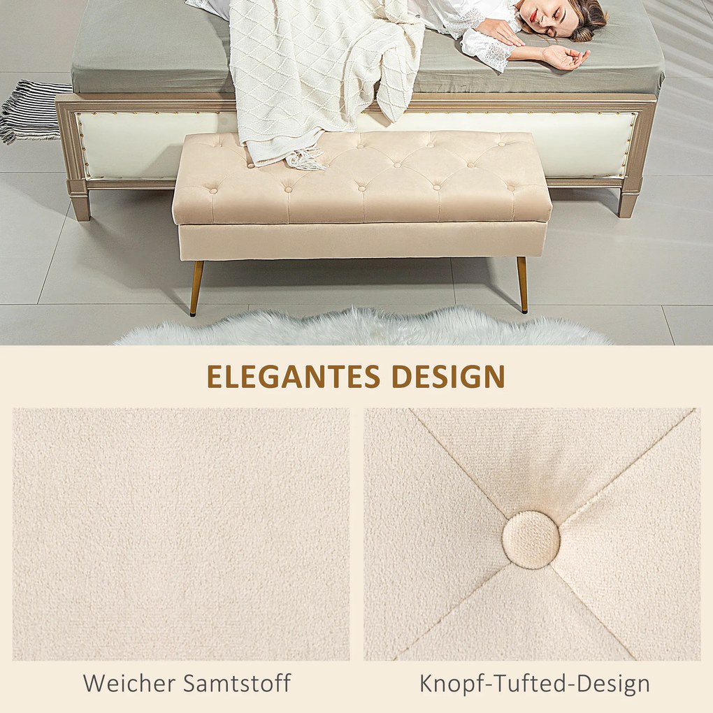 HOMCOM Αποθηκευτικό παγκάκι από βελούδο, ταπετσαρισμένο σκαμπό με σχέδιο καπιτονέ, μεταλλικό πλαίσιο, 102 x 35 x 43 cm, Μπεζ