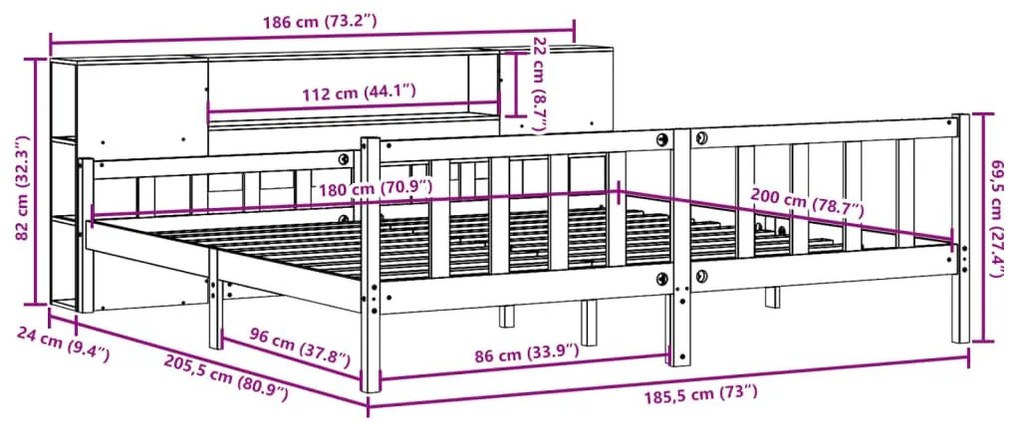 Κρεβάτι Βιβλιοθήκη Χωρίς Στρώμα Καφέ 180x200 εκ Μασίφ Πεύκο - Καφέ