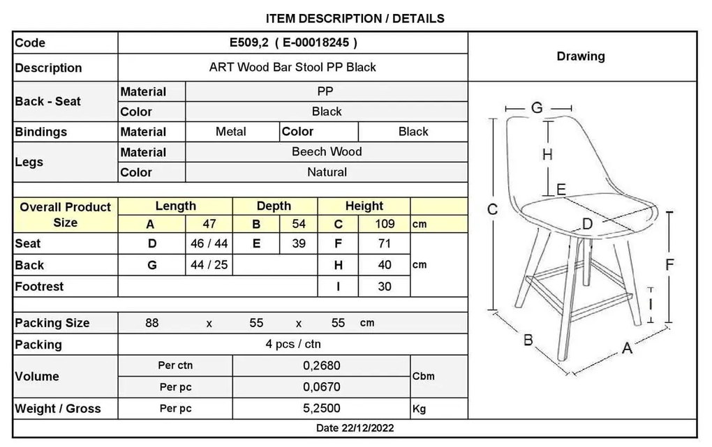 Σκαμπώ ART Wood BAR ABS Μαύρο (με πλάτη) 46x54x74/111cm (Σετ 2 ΤΕΜ)