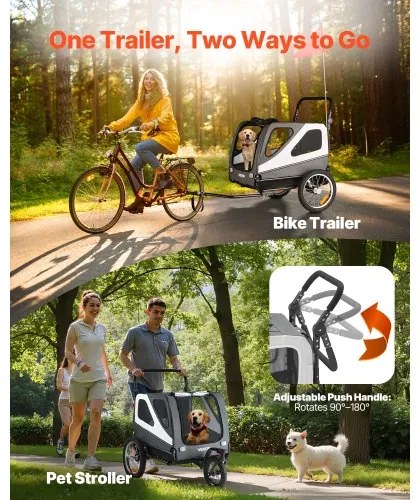 VEVOR Dog Bike Trailer, Supports up to 45 kg, 2-in-1 Pet Stroller Cart Bicycle Carrier for Small &amp; Large Dogs, Easy Folding Frame with Quick Release Wheel, Universal Bicycle Coupler, Internal Leash