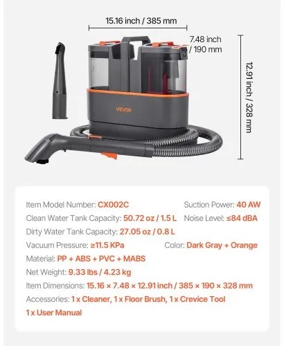 VEVOR Portable Carpet Cleaner Machine 11.5Kpa Upholstery Cleaner for Rug Car