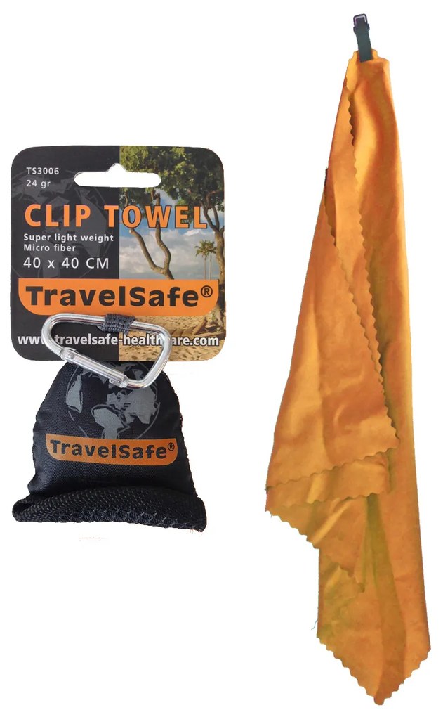 Microfiber Mini Clip Towel TRAVELSAFE 40x40 cm, Πετσέτα Προσώπου με Μικροΐνες, TRA-048 /Orange