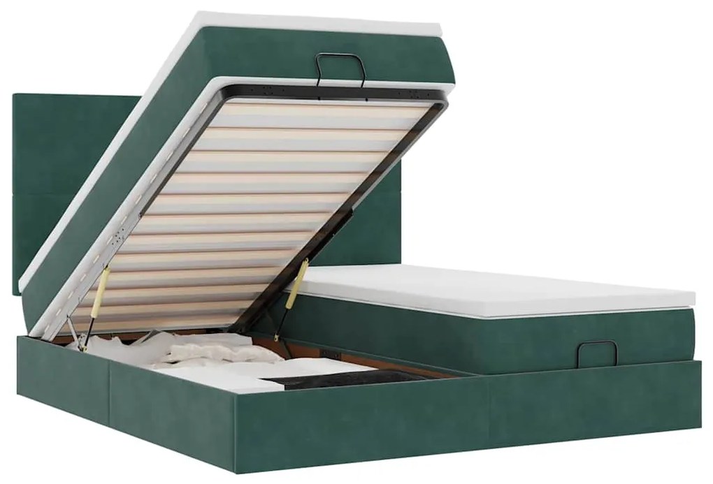 vidaXL Οθωμανικό κρεβάτι με στρώματα &amp; LEDs Σκούρο πράσινο Βελούδο