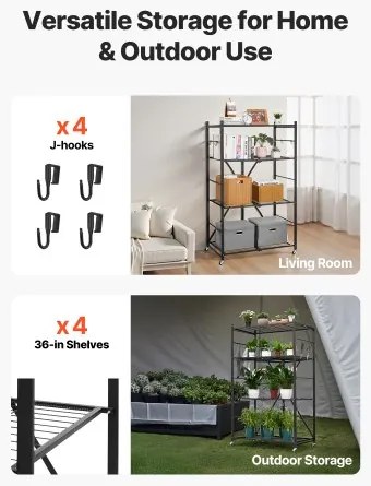 VEVOR Folding Storage Shelf with Wheels 4-Tier No Assembly Organizer Shelf Black