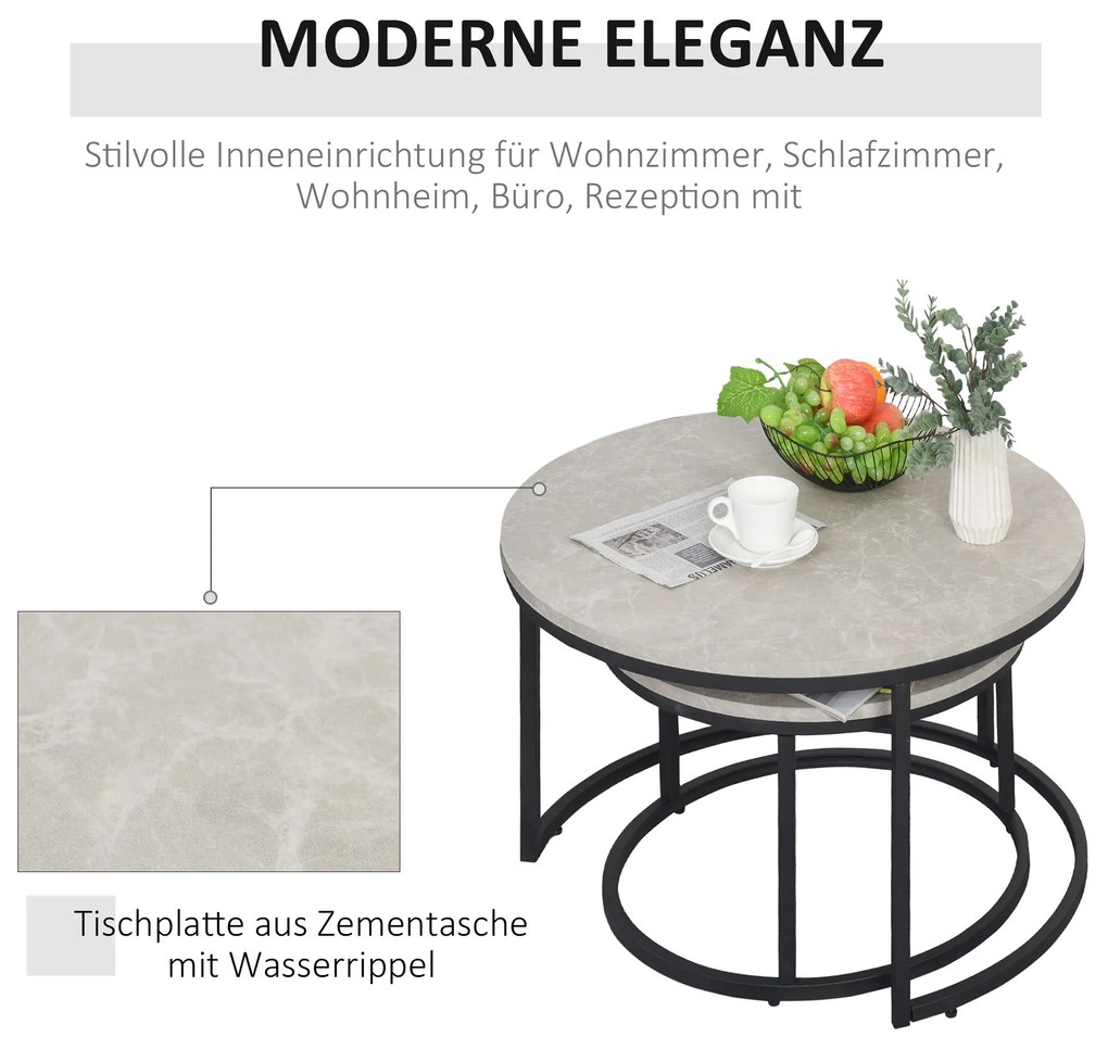 HOMCOM Σετ τραπεζιών σαλονιού, 2 στρογγυλά τραπέζια, βιομηχανικός σχεδιασμός, μεταλλικό πλαίσιο, όψη μπετόν/μαύρο