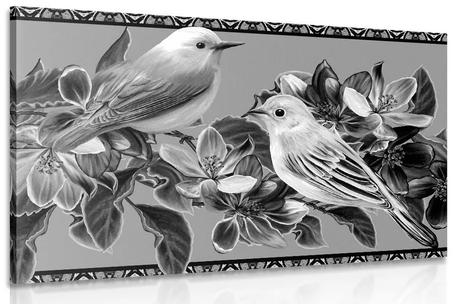 Εικόνα ασπρόμαυρων πουλιών και λουλουδιών σε vintage σχέδιο - 60x40