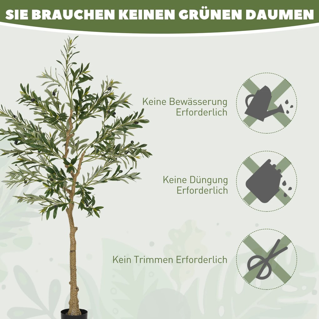 HOMCOM Τεχνητό δέντρο, Τεχνητή ελιά, 150 cm, 720 φύλλα, 40 ελιές, σταθερή γλάστρα, διακοσμητικό φυτό, πράσινο