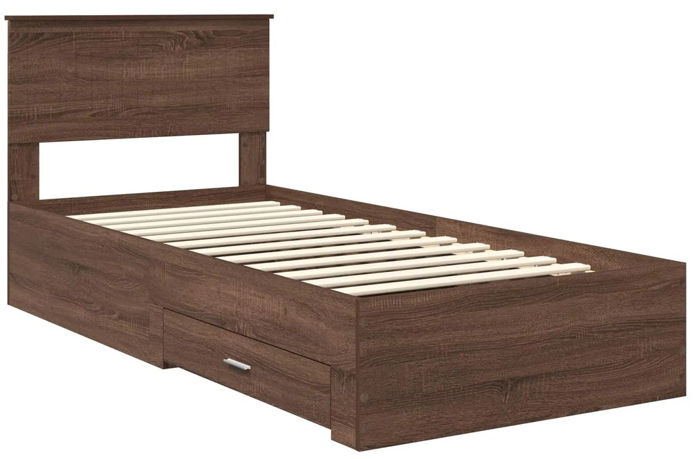 vidaXL Σκελετός Κρεβατιού με συρτάρι Καφέ Δρύινο και Ασημί 90 x 190 cm