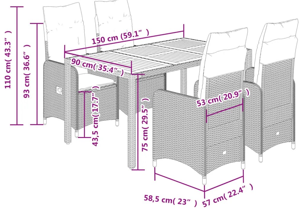 vidaXL Σετ Επίπλων Bistro Κήπου 5 τεμ Μαύρο Συνθετ. Ρατάν με Μαξιλάρια