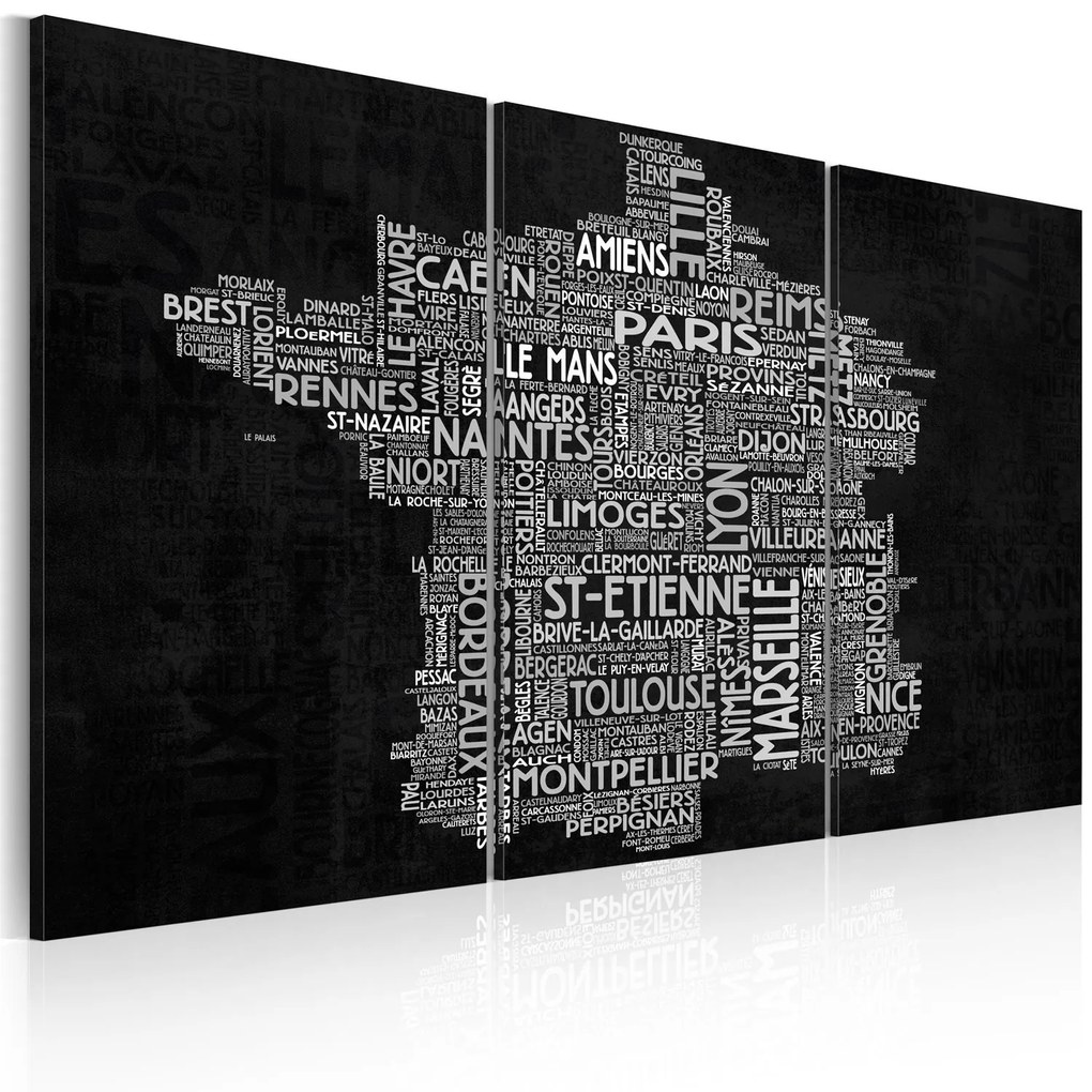 Πίνακας - Text map of France on the black background - triptych 60x40