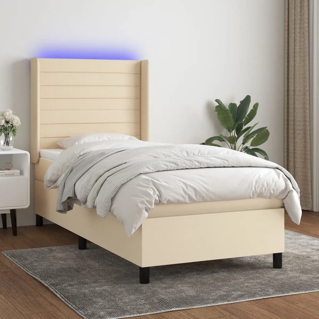 ΚΡΕΒΑΤΙ BOXSPRING ΜΕ ΣΤΡΩΜΑ &amp; LED ΚΡΕΜ 90X200 ΕΚ. ΥΦΑΣΜΑΤΙΝΟ 3138370