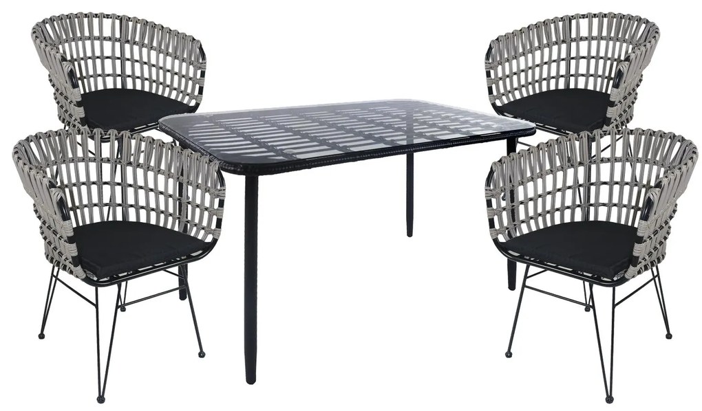 Σετ Τραπεζαρία Κήπου ArteLibre ANNIUS Μαύρο Μέταλλο/Rattan/Γυαλί Με 4 Καρέκλες 14990390-14990390