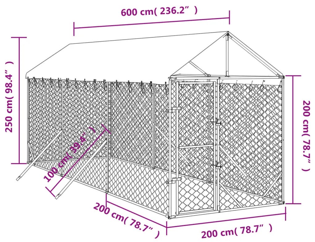 vidaXL Κλουβί Σκύλου Εξ. Χώρου με Οροφή Ασημί 2x6x2,5 μ. Γαλβ. Ατσάλι