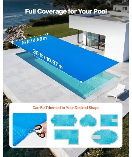 VEVOR Solar Pool Cover, 10.97 x 4.88m Rectangle Pool Bubble Cover, 12 Mil Pools Solar Blanket with Bubble &amp; PE Material, Daytime Heat Absorption, Nighttime Heat Retention, Heat Retaining Solars Covers, Blue