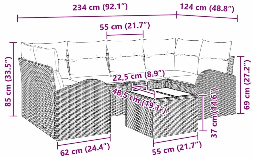 vidaXL Σετ Καναπέ Κήπου με μαξιλάρι 7 pcs Μπεζ, Κρέμα 55 x 55 x 37 εκ