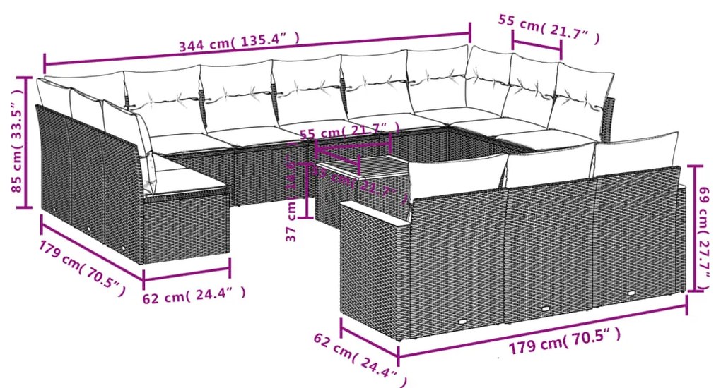 vidaXL Σαλόνι Κήπου Σετ 14 Τεμαχίων με Μαξιλάρια Μαύρο Συνθετικό Ρατάν
