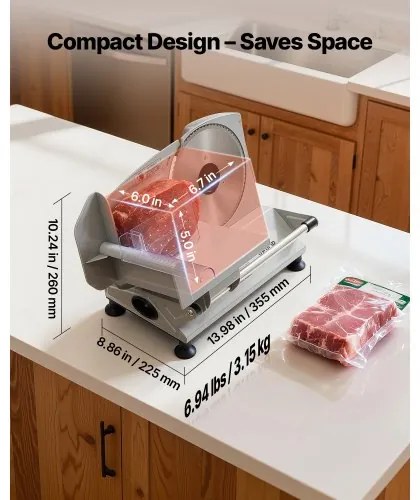 VEVOR Meat Slicer, 150W Electric Deli Slicer Machine with 170 mm Sharp Blade, Home Meat-Slicer with 65-90 RPM Slicing Speed, 0-15 mm Adjustable Thickness, for Frozen Meat, Ham, Baguett &amp; Prime Steak
