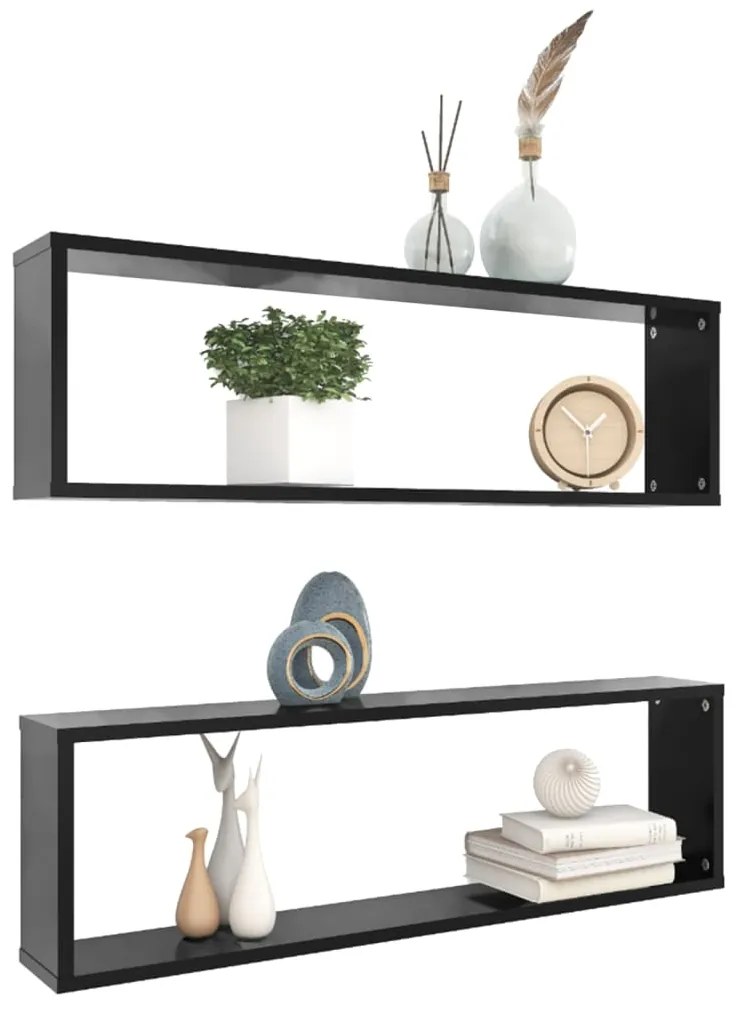 vidaXL Ράφια Κύβοι Τοίχου 2 τεμ. Μαύρα 100 x 15 x 30 εκ. Επεξ. Ξύλο