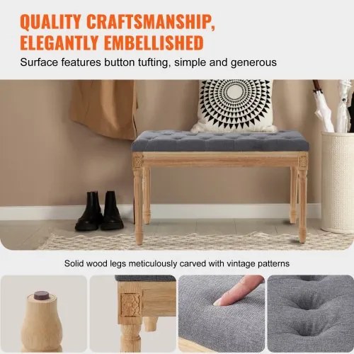 VEVOR Upholstered Bench, 16&quot;W Ottoman Bench, End of Bed Bench with Foam Padded Cushion and Rubberwood Legs, Tufted Footrest Stool Entryway Bench for Dining Room, Living Room, Bedroom, Hallway, Gray