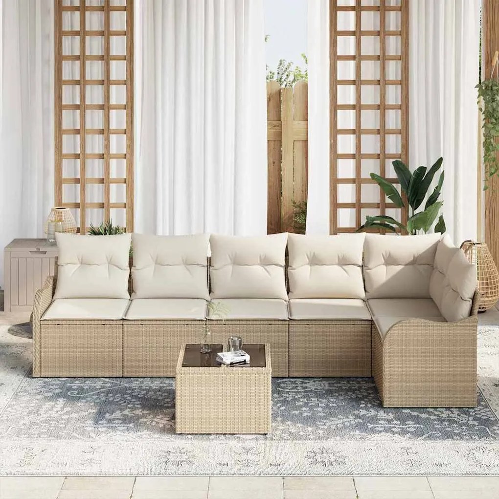 vidaXL Σετ Καναπέ Κήπου με μαξιλάρι 7 pcs Μπεζ Πολυ ράταν