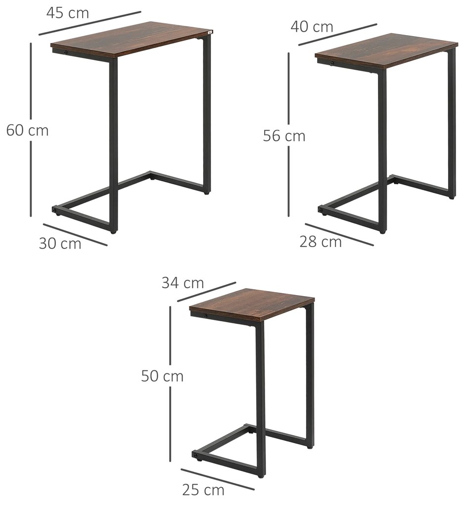 HOMCOM σετ τραπεζάκια, βοηθητικά τραπέζια, σετ 3 τεμαχίων, Industrial Design, ατσάλινο πλαίσιο, καφέ+μαύρο, 45 x 30 x 60cm