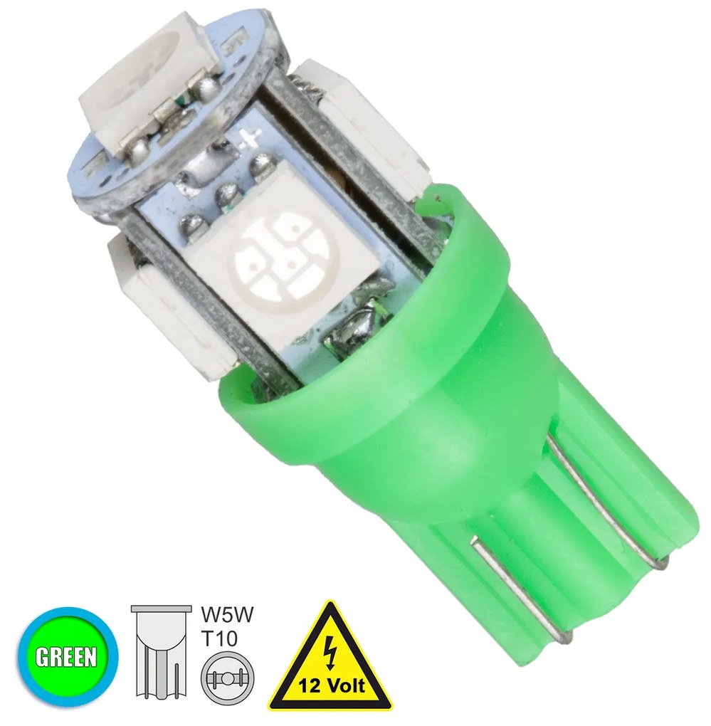 GloboStar® 81052 Λάμπα Αυτοκινήτου LED T10 W5W 5xSMD5050 1.3W 80lm 360° DC 12-16V IP20 Φ1.2 x Υ2.7cm Πράσινο