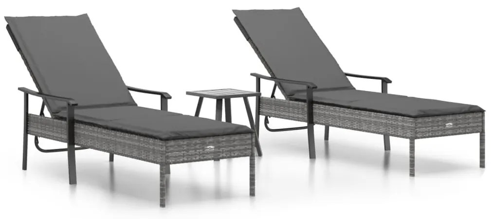 vidaXL Ξαπλώστρες 2 τεμ. Γκρι Συνθετικό Ρατάν με Τραπέζι / Μαξιλάρια