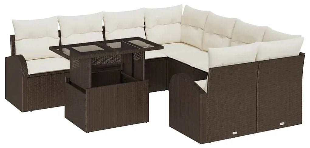 vidaXL Σετ Καναπέ Κήπου με μαξιλάρι με μαξιλάρι 9 pcs Καφέ Πολυ Ρατάν