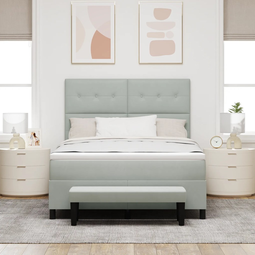 vidaXL Κρεβάτι Box Spring με Στρώμα & Πάγκο Ανοιχτό Γκρι 140x200 εκ Βελούδο