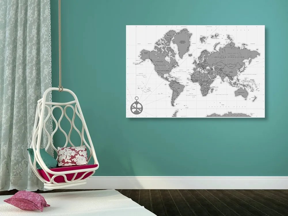 Εικόνα σε φελλό κομψός χάρτης με πυξίδα σε ασπρόμαυρο σχέδιο - 120x80  color mix