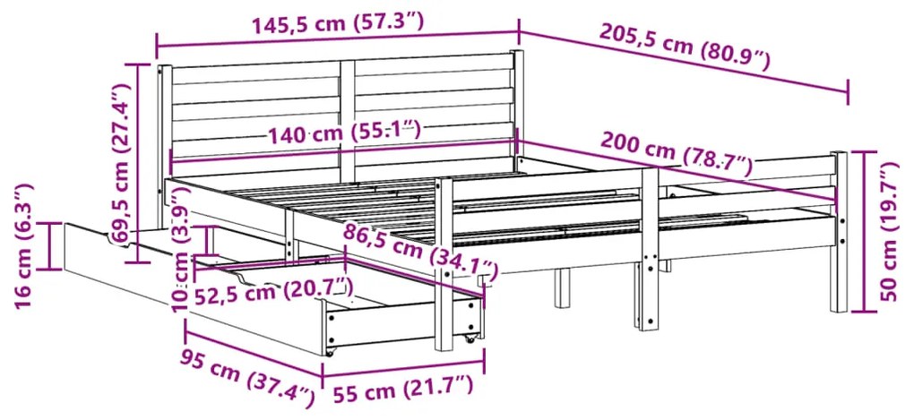 Σκελετός Κρεβατιού Χωρίς Στρώμα 140x200 εκ Μασίφ Ξύλο Πεύκου - Καφέ