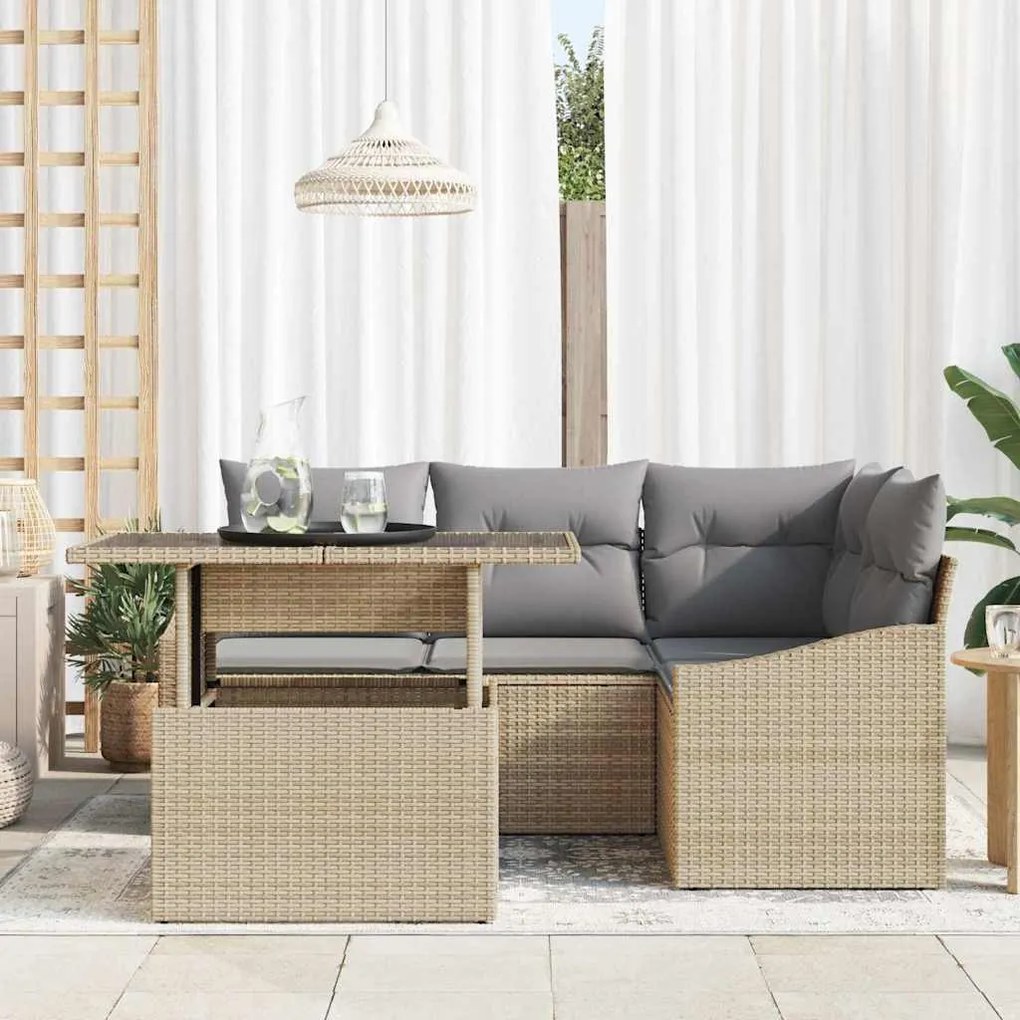 vidaXL Σετ Γκαζόν 5 Τεμαχίων με Μαξιλάρια Μπεζ Πολυ Ράττανα