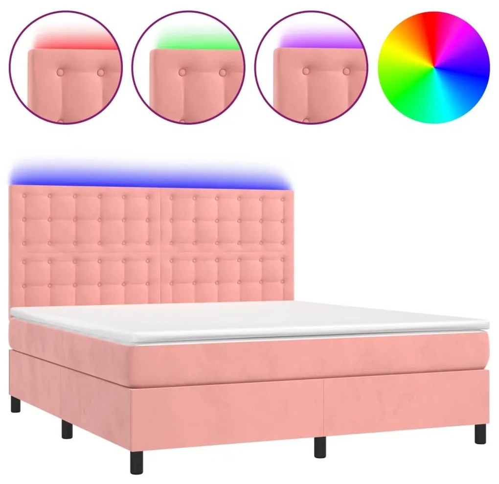 Κρεβάτι Boxspring με Στρώμα &amp; LED Ροζ 160x200 εκ. Βελούδινο - Ροζ